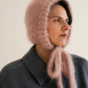 Chunky Mohair Bonnet, Adult Womens Knit Bonnet, Bow Tie Bonnet with Ribbons, Fluffy Mohair Hood, Soft Knit — The Brushed Mohair Bonnet