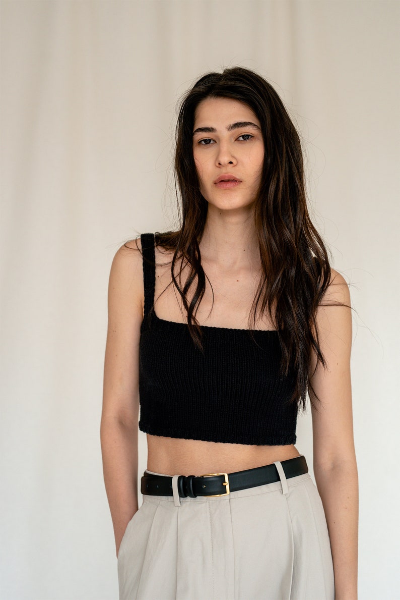 Square Neck Crop Top, Minimal Knit Top, Knit Bralette Top, Cropped Yoga Top, Hand Knit, Square Neckline, Sports Knit Bra, Fitted Cotton Top image 8