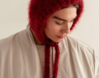 Gorro de mohair grueso, gorro con lazo y cintas, gorro de punto para mujer adulta, capucha de mohair esponjosa, tejido suave — El gorro de mohair cepillado