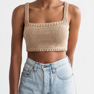 Square Neck Crop Top, Minimal Knit Top, Cropped Yoga Top, Hand Knit, Square Neckline,Sports Knit Bra, Fitted Cotton Bralette in Terra Cotta 02. Light Wheat