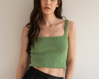 Square Neck Cami, Minimal Knit Top, Knitted Tank Top, Green Summer Top, Hand Knit Camisole, Square Neckline, Fitted Cotton Blouse