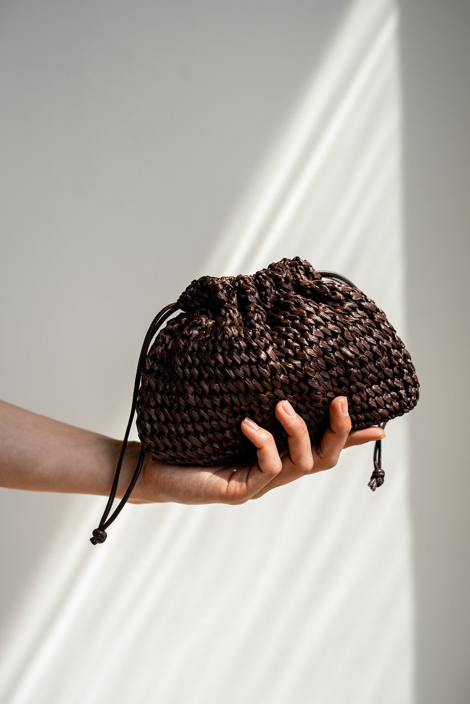 Raffia Pouch Bag, Crochet Raffia Handbag, Crossbody Raffia Bag, Summer Wrist Bag, Minimal Straw Bag, Brown Mini Bag — The Aster Raffia Pouch
