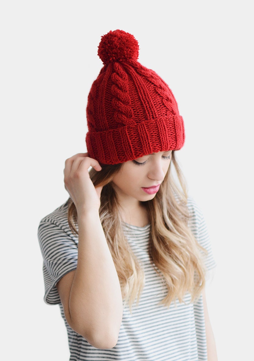 Mens Custom Knit Hat, Color Etsy Beanie Hat, Pom Ski Womens Hand Red Winter Beanie, Knit Pom, Cable Cable Hat - Unisex With the Wool Classic Hat,