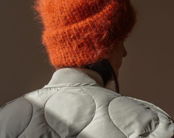 チャンキーモヘアビーニー、レディース冬用ニット帽、オフホワイト