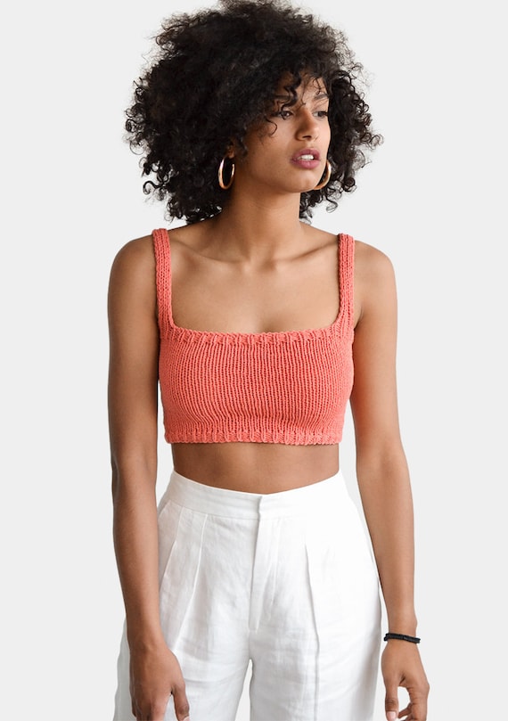 Square Neck Crop Top, Minimal Knit Top, Cropped Yoga Top, Hand Knit, Square  Neckline,sports Knit Bra, Fitted Cotton Bralette in Coral Orange 