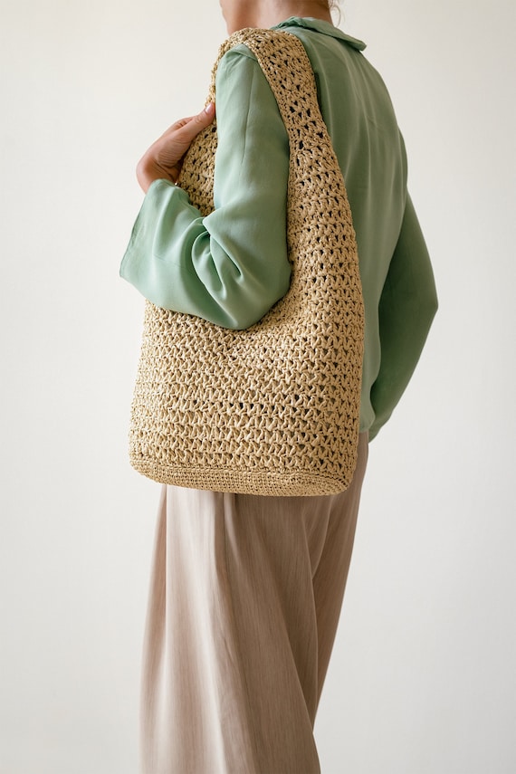 Crochet Raffia Tote in Natural, Summer Tote Bag, Straw Mesh Bag