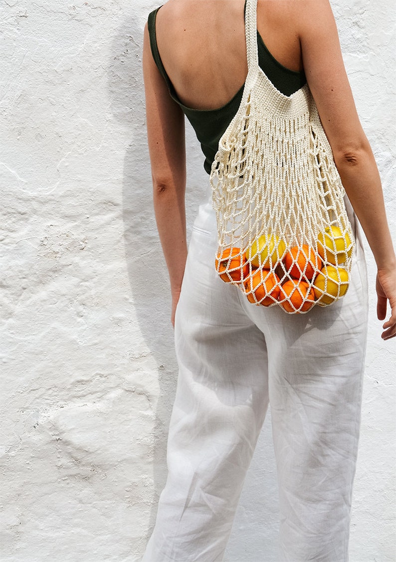 French Market Bag, Crochet Market Bag, Cotton Net Bag, Handmade Eco Tote, Mesh Bag, Quality Shopping Bag, Off White, Farmers Market Bag image 9