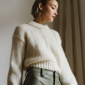 Chunky Mohair Sweater, Hand Knit Pullover, Oversized Knit Sweater in Kid Mohair, Mockneck & Bubble Sleeves, Loose Fit, Womens Knitted Blouse image 5