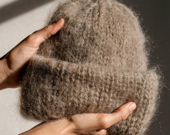 Chunky Mohair Beanie, Womens Winter Knit Hat, Taupe Brown