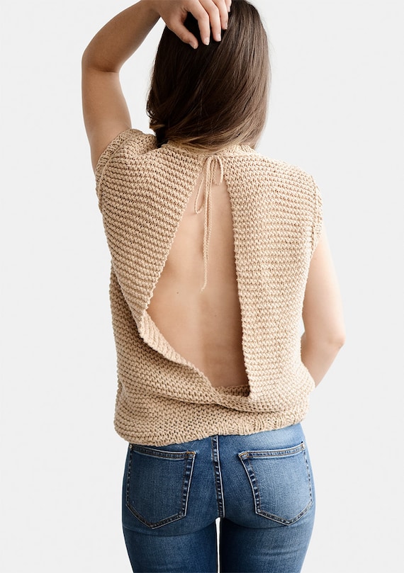 Split Back Top Open Back Top Knit Backless Blouse Split Etsy