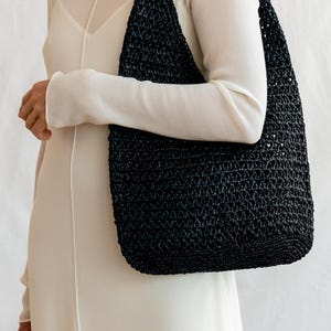 Crochet Raffia Tote in Black, Summer Tote Bag, Straw Mesh Bag, Lightweight Tote, Crochet Shoulder Bag, One Handle Bag — The Daphne Tote