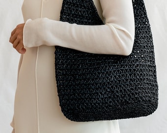 Cabas en raphia au crochet noir, sac fourre-tout d'été, sac en paille et en filet, fourre-tout léger, sac à bandoulière au crochet, sac une poignée — The Daphne Tote