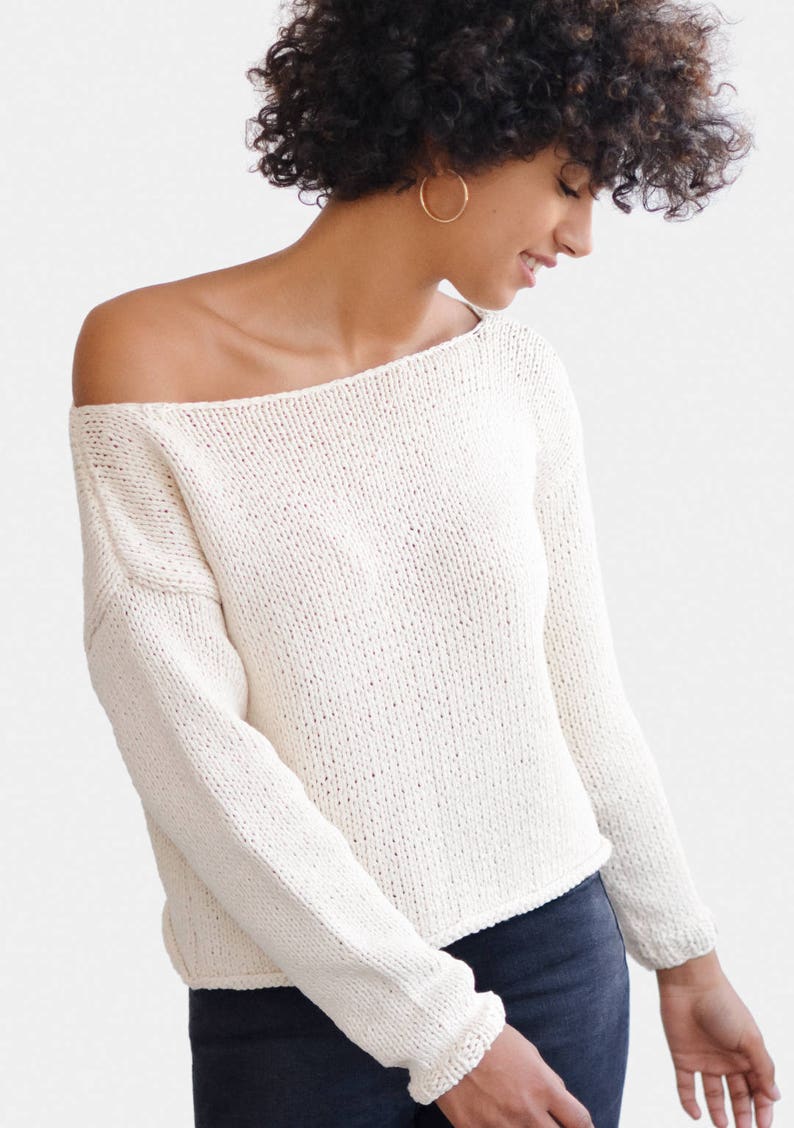 Oversized Sweater, Boxy Knit Sweater, One Shoulder Sweater, Hand Knit Sweater, Open Shoulder Top, Off Shoulder Sweater, Hand Knitted Top 04. Bright White