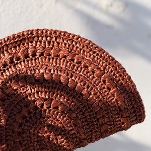 Crochet Raffia Clutch, Half Moon Clutch, Straw Wristlet Purse, Minimal Boho Clutch, Raffia Handbag, Summer Bag Raffia Moon Clutch in Rust image 2