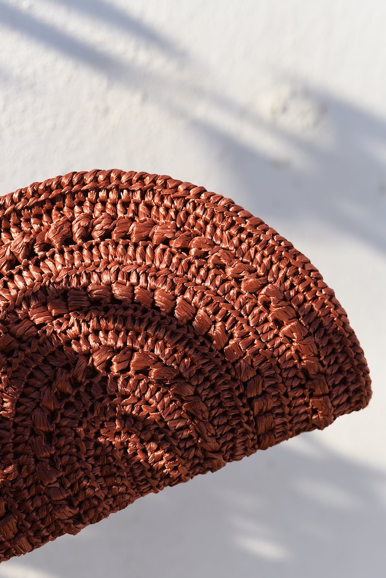 Crochet Raffia Clutch, Half Moon Clutch, Straw Wristlet Purse, Minimal Boho Clutch, Raffia Handbag, Summer Bag Raffia Moon Clutch in Rust image 2