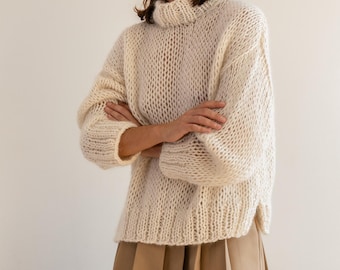Boxy Mohair Sweater in Cloud, Hand Knit Pullover, Chunky Mohair Jumper, Oversized Knitted Sweater in Kid Mohair, Cream Turtleneck, Loose Fit