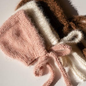 Chunky Mohair Bonnet, Adult Womens Knit Bonnet, Bow Tie Bonnet with Ribbons, Fluffy Mohair Hood, Soft Knit — The Brushed Mohair Bonnet