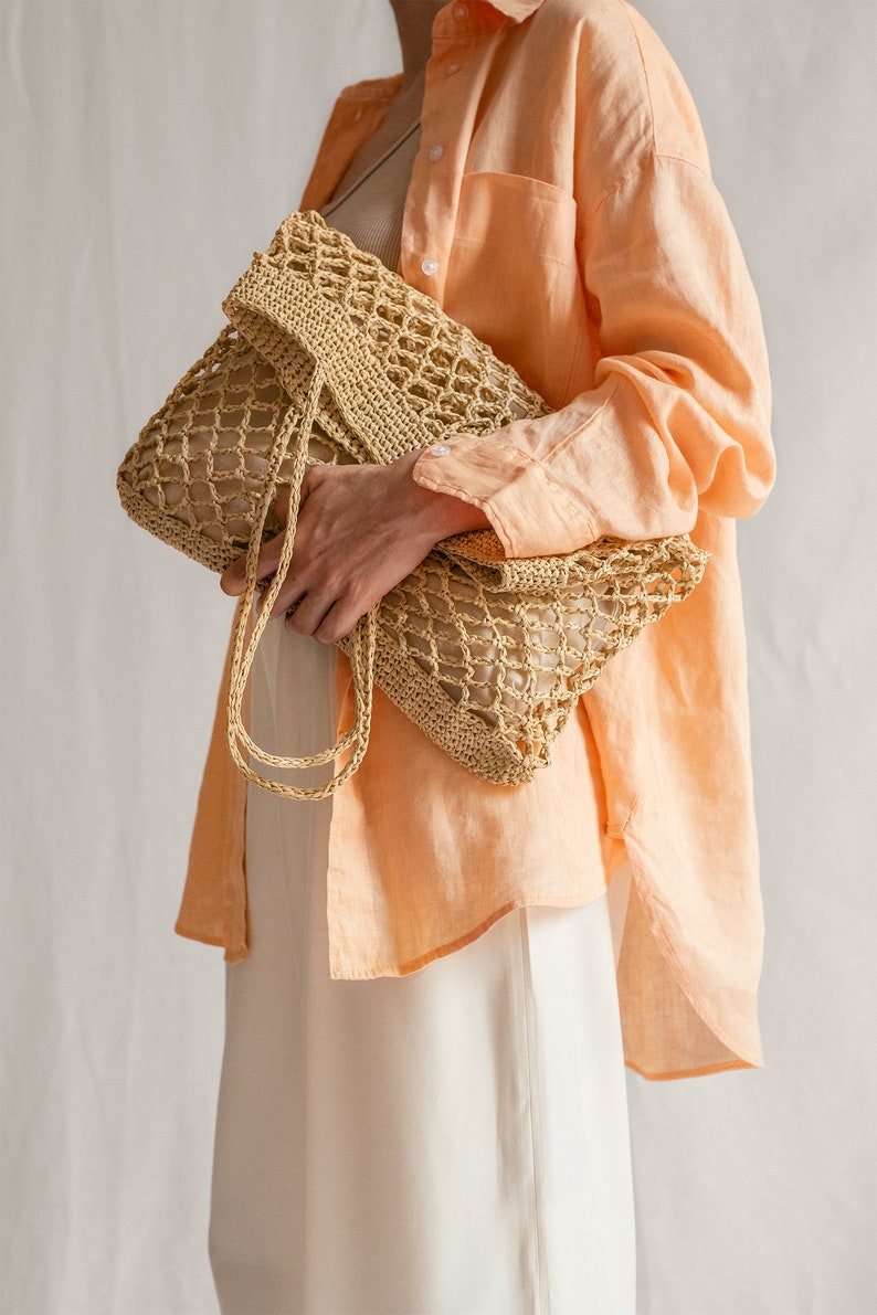 Raffia-Netztasche in Tan, gehäkelte Raffia-Tasche, Sommer-Tasche, Stroh-Netztasche, handgefertigte Tasche, Netz-Schultertasche Natural