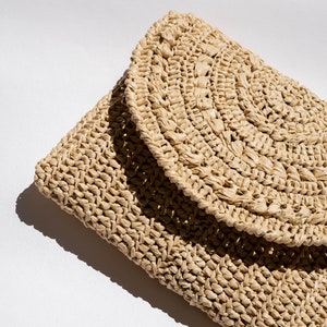 Crochet Raffia Clutch in Tan, Straw Summer Bag, Raffia Clutch Handbag, Tan Crochet Summer Bag, Crochet Straw Clutch Marigold Bag Natural