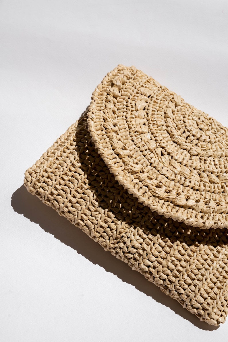 Crochet Raffia Clutch in Tan, Straw Summer Bag, Raffia Clutch Handbag, Tan Crochet Summer Bag, Crochet Straw Clutch Marigold Bag Natural