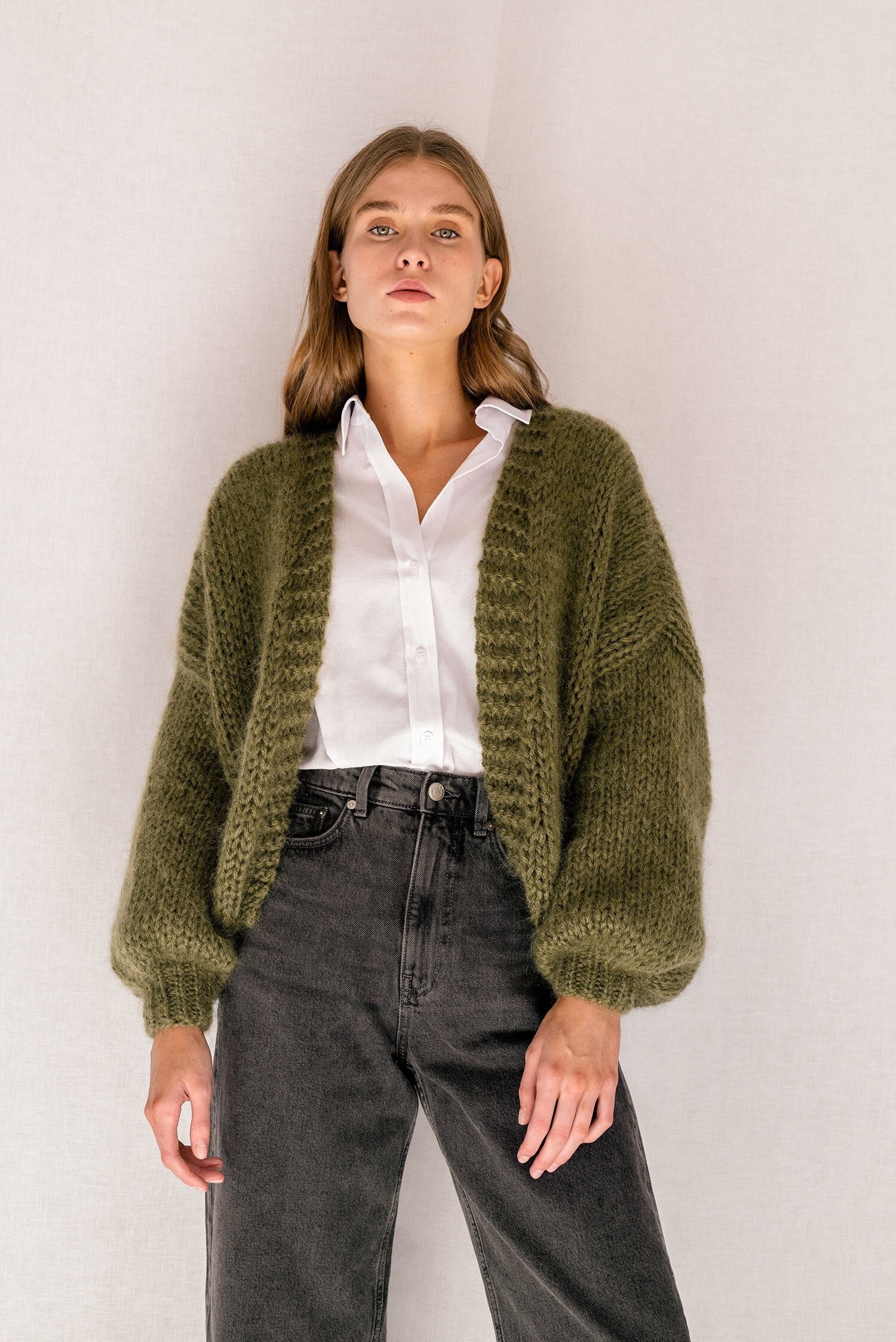 Mohair Bomber Cardigan in Moss, Hand Knit Deep Green in Soft Mohair Bomber Cardigan in Moss, Hand Knit Deep Green in Soft