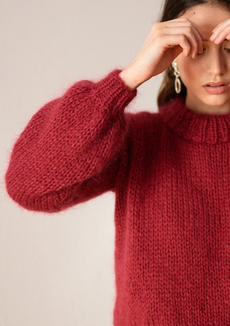 Chunky Mohair Sweater, Hand Knit Pullover, Oversized Knit Sweater in Kid Mohair, Mockneck & Bubble Sleeves, Loose Fit, Womens Knitted Blouse 04. Berry