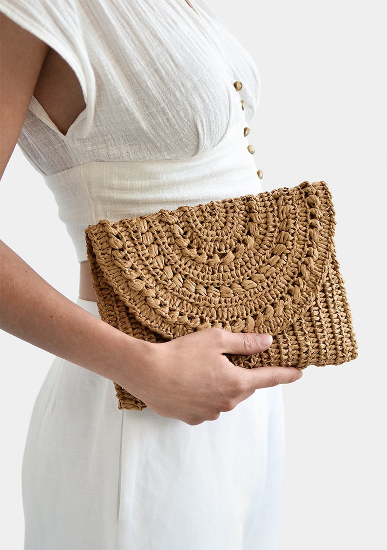 Crochet Raffia Clutch in Tan, Straw Summer Bag, Raffia Clutch Handbag, Tan Crochet Summer Bag, Crochet Straw Clutch  — Marigold Bag 