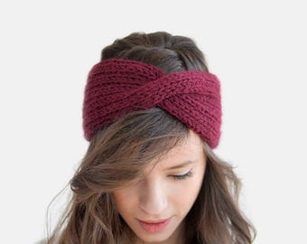 Hand Knit Turban in Burgundy, Wool Winter Headband, Extra Chunky Turband, Womens Ear Warmer, Custom Color Turban