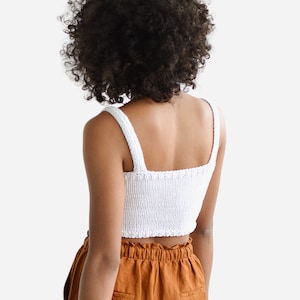 Square Neck Crop Top, Minimal Knit Top, Cropped Yoga Top, Hand Knit, Square Neckline,Sports Knit Bra, Fitted Cotton Bralette in Terra Cotta 01. Bright White