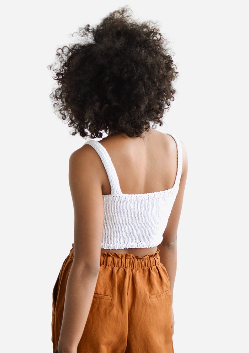 Square Neck Crop Top, Minimal Knit Top, Cropped Yoga Top, Hand Knit, Square Neckline,Sports Knit Bra, Fitted Cotton Bralette in Terra Cotta 01. Bright White