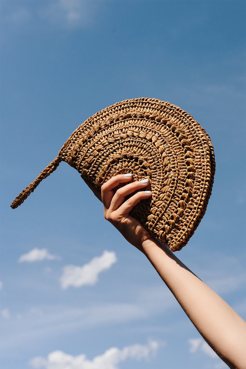 Crochet Raffia Clutch, Half Moon Clutch, Straw Wristlet Purse, Minimal Boho Clutch, Raffia Handbag, Summer Bag Raffia Moon Clutch in Rust image 4