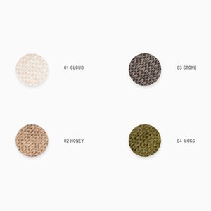 K&ouml;nnte beinhalten: Vier Stoffmuster in verschiedenen Farben: Cloud, Honey, Stone und Moss. Die Muster sind rund und haben eine Strickstruktur.
