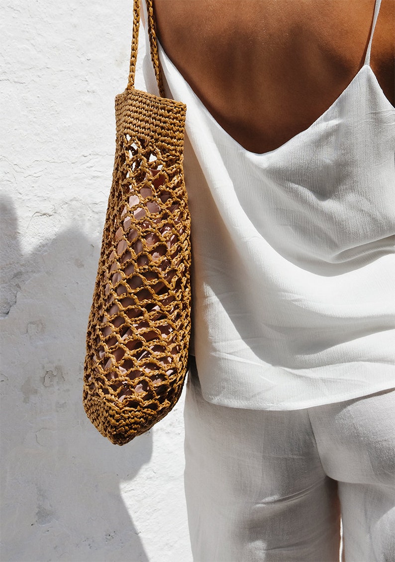 Raffia Net Bag in Tan, Crochet Raffia Tote, Summer Tote Bag, Straw Mesh Bag, Handcrafted Tote, Net Shoulder Bag The Raffia Net Bag image 2