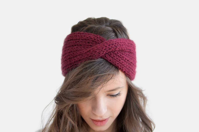 Hand Knit Turban in Caramel, Chunky Rib Turban, Warm Womens Turband, Custom Color Turban, Winter Headband 05. Burgundy