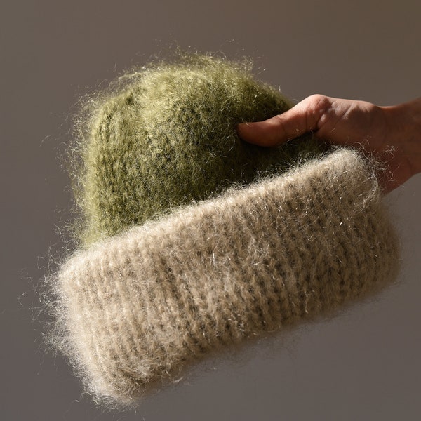 Chunky Mohair Beanie, Womens Winter Knit Hat, Color Block Green Knit Hat, Fluffy Mohair Beanie, Soft Knit — The Brushed Mohair Beanie