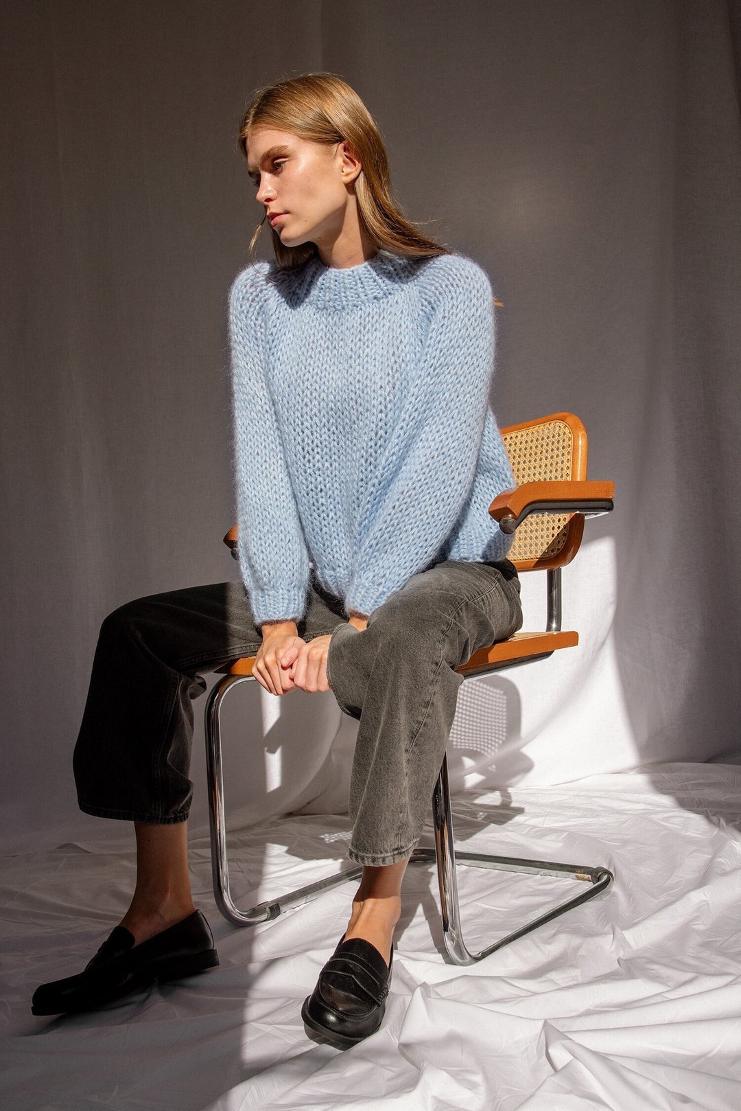 Relaxed Mohair Sweater in Ice Water, Hand Knit Pullover, Chunky Mohair ...