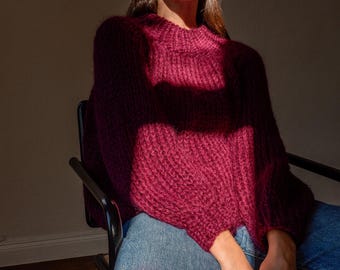 Pull décontracté en mohair en mûrier, pull tricoté à la main, pull en mohair épais, pull en maille oversize en kid mohair