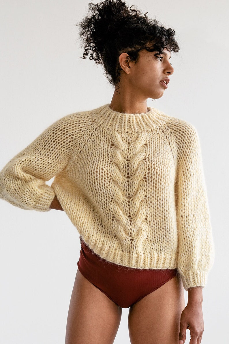 Chunky Braid Sweater Hand Knit Mohair Cropped Pullover, Luxurious Oversized Cable Knit Sweater, Mockneck & Bubble Sleeves, Boxy Fit Raglan 02. Butter Mix