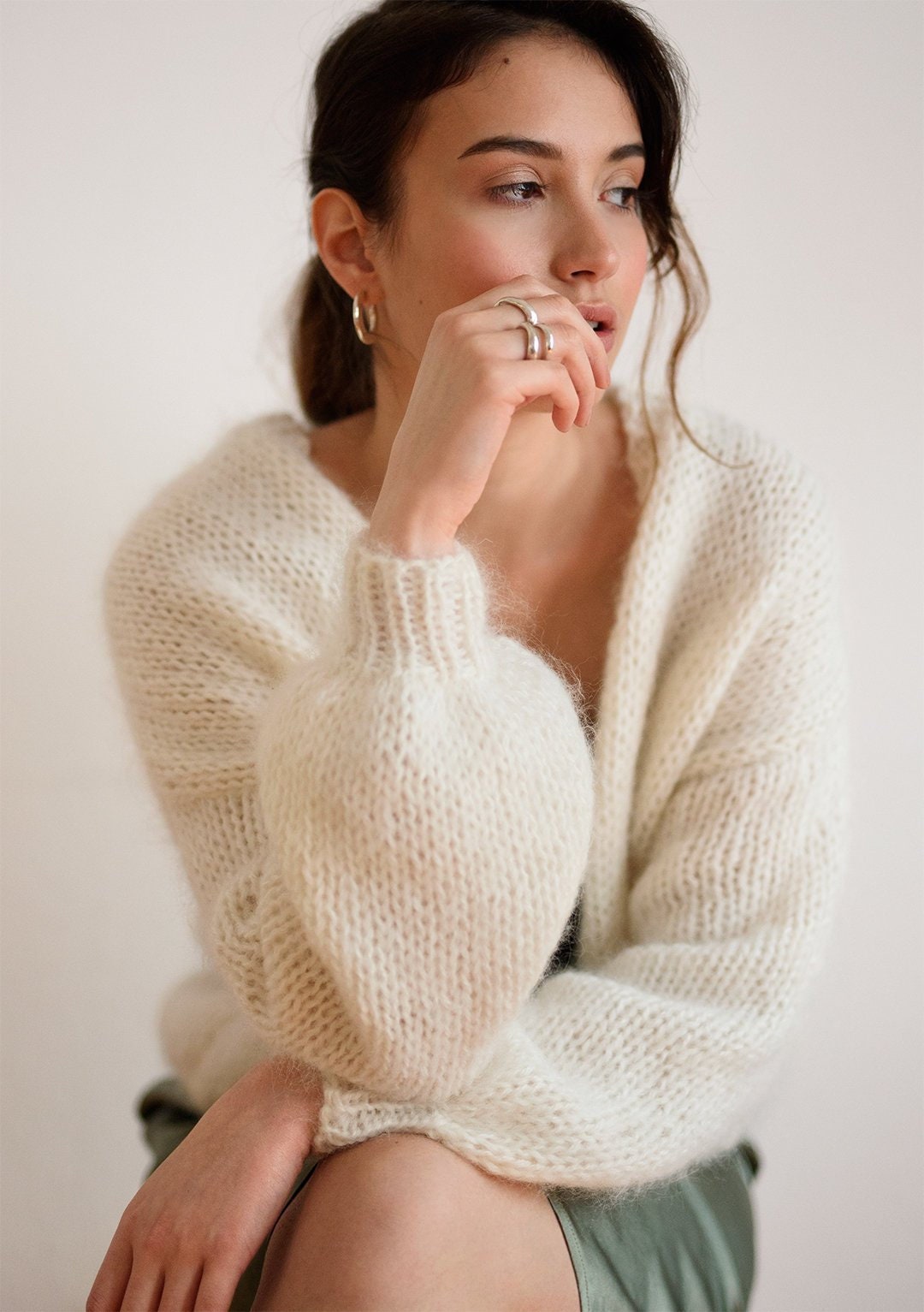 Mohair Bomber Cardigan, off White Hand Knit, Chunky Knit Mohair Bomber Cardigan, off White Hand Knit, Chunky Knit