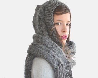 Extra Long Hood Scarf, Pixie Hooded Scarf, Chunky Fringe Scarf, Grey Unisex Scoodie, Huge Knit Hood,Winter Knitted Hood