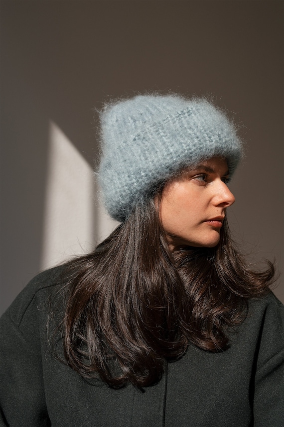 Chunky Mohair Beanie, Womens Winter Knit Hat, Pastel Blue