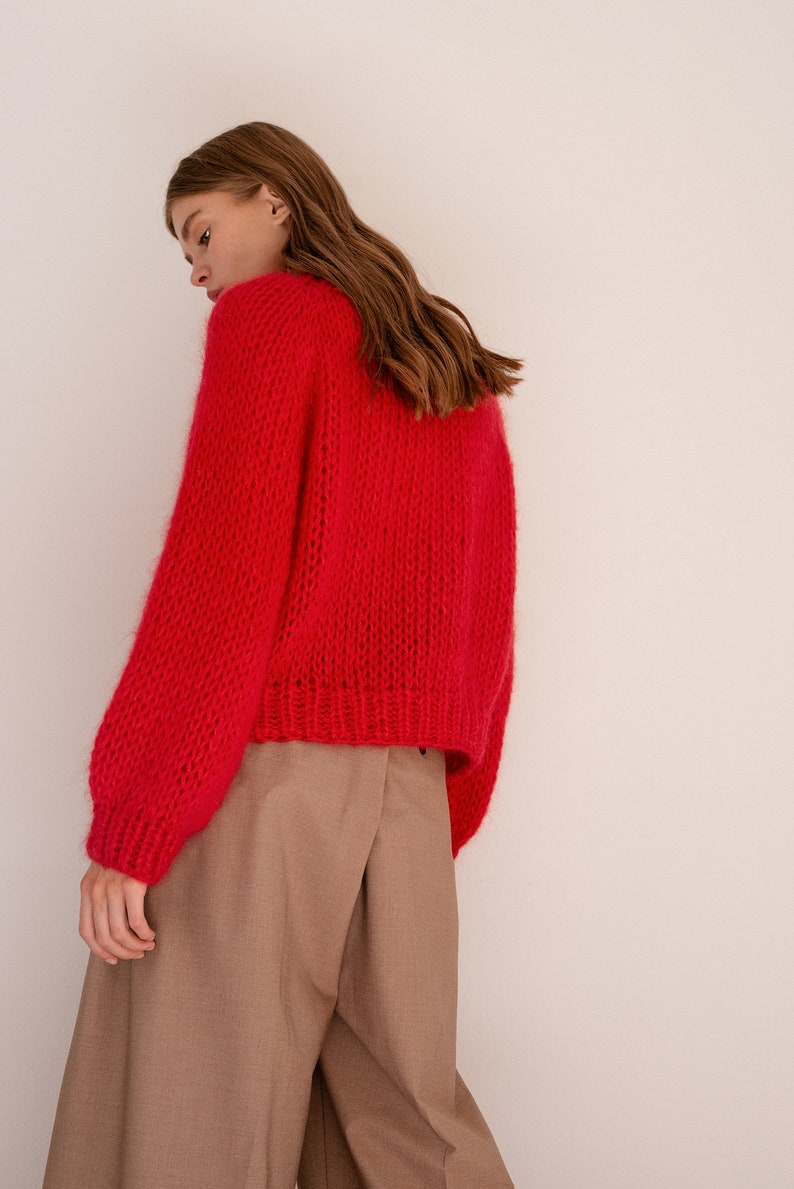 Relaxed Mohair Sweater in Lava, Hand Knit Pullover, Chunky Mohair Jumper, Oversized Knitted Sweater in Kid Mohair, Red Mockneck, Loose Fit zdjęcie 2