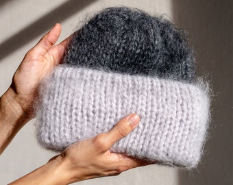 Chunky Mohair Beanie, Womens Winter Knit Hat, Color Block Grey Knit Hat, Fluffy Mohair Beanie, Soft Knit — The Brushed Mohair Beanie