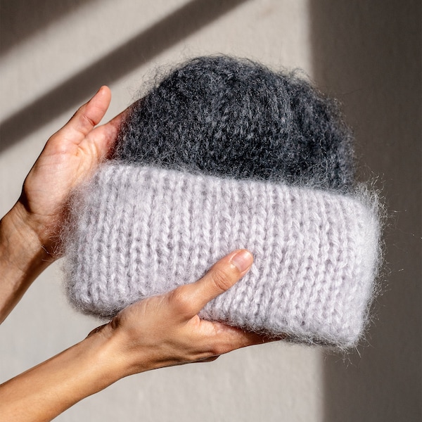 Chunky Mohair Beanie, Womens Winter Knit Hat, Color Block Grey Knit Hat, Fluffy Mohair Beanie, Soft Knit — The Brushed Mohair Beanie