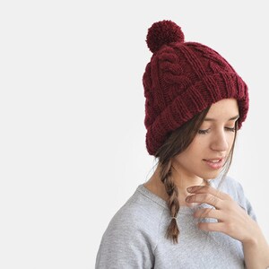 Hand Knit Beanie in Burgundy, Cable Knit Womens Winter Hat with Pom Pom, Warm Bobble Hat, Mens Wool Hat, Custom Color The Classic Cable image 2