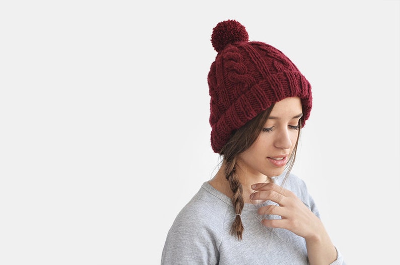 Hand Knit Beanie in Burgundy, Cable Knit Womens Winter Hat with Pom Pom, Warm Bobble Hat, Mens Wool Hat, Custom Color The Classic Cable image 2