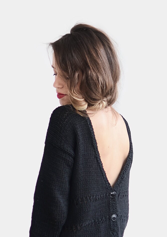 Hand Knit Open Back Sweater Winter Cotton Cardigan Oversized Etsy