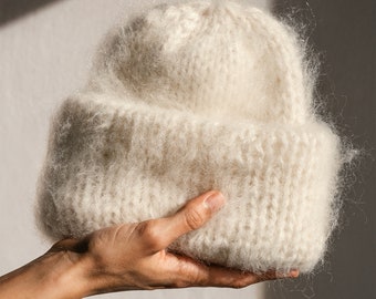 Chunky Mohair Beanie, Womens Winter Knit Hat, Off White Knit Hat, Fluffy Mohair Beanie, Soft Knit — The Brushed Mohair Beanie in Cloud