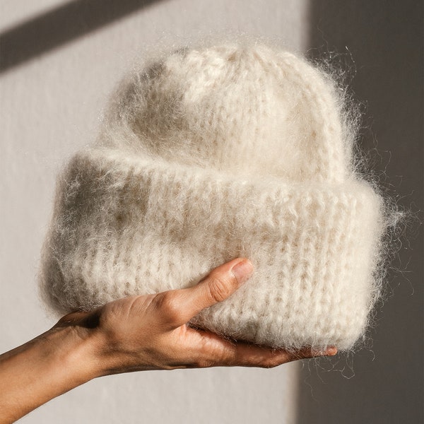 Chunky Mohair Beanie, Womens Winter Knit Hat, Off White Knit Hat, Fluffy Mohair Beanie, Soft Knit — The Brushed Mohair Beanie in Cloud