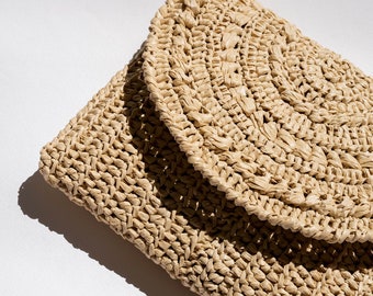 Clutch de rafia de crochet en natural, bolso cruzado de paja, bolso de hombro de rafia, bolso clutch de rafia, bolso de verano de crochet — Bolso de caléndula